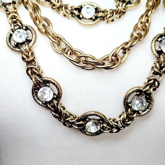 Antiqued Gold Tone Triple Strand Necklace Rhinestones Weighty Nautical Clasp 32" - Picture 3 of 7